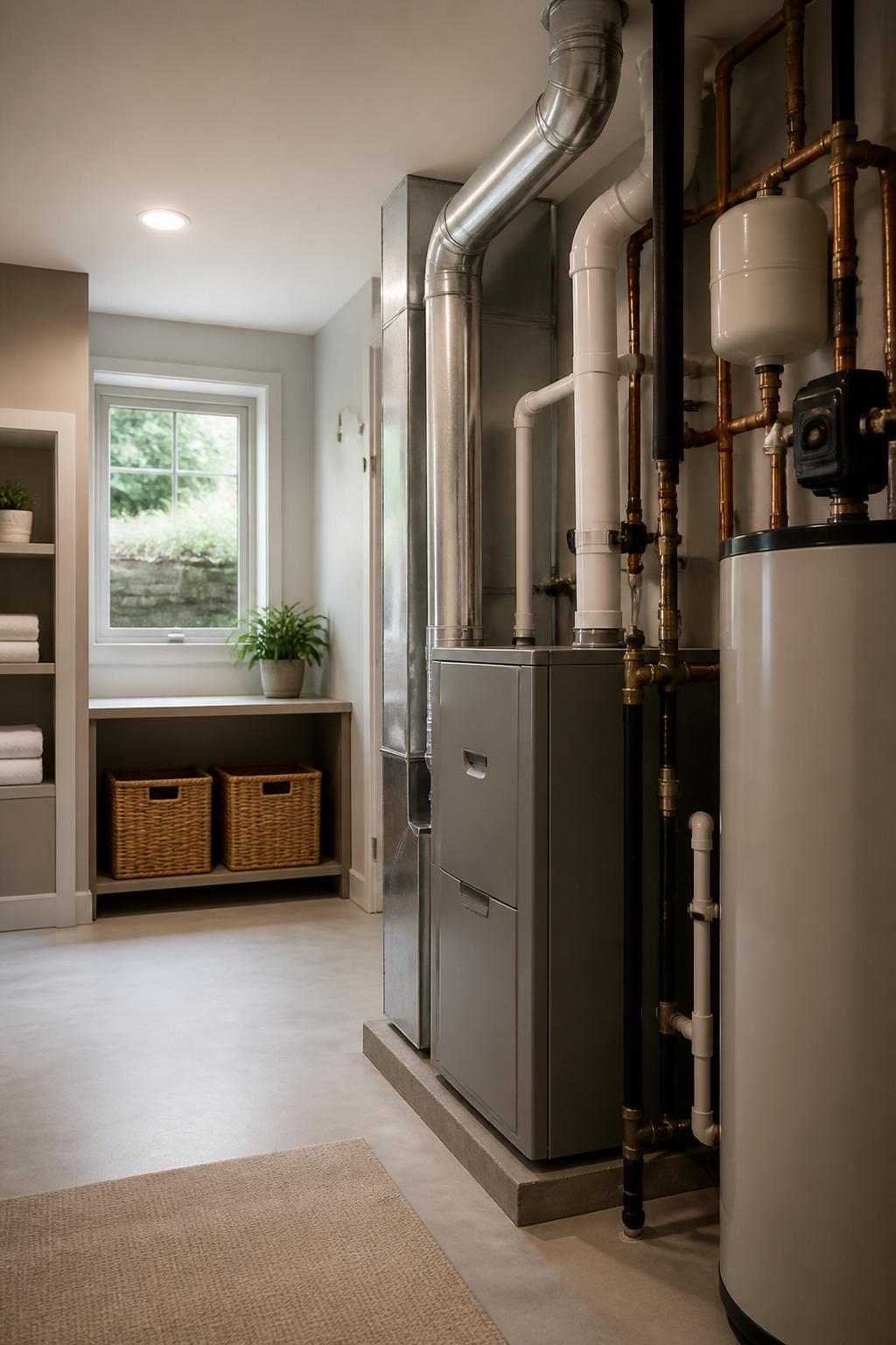 Clean utility room with installed plumbing and HVAC equipment.