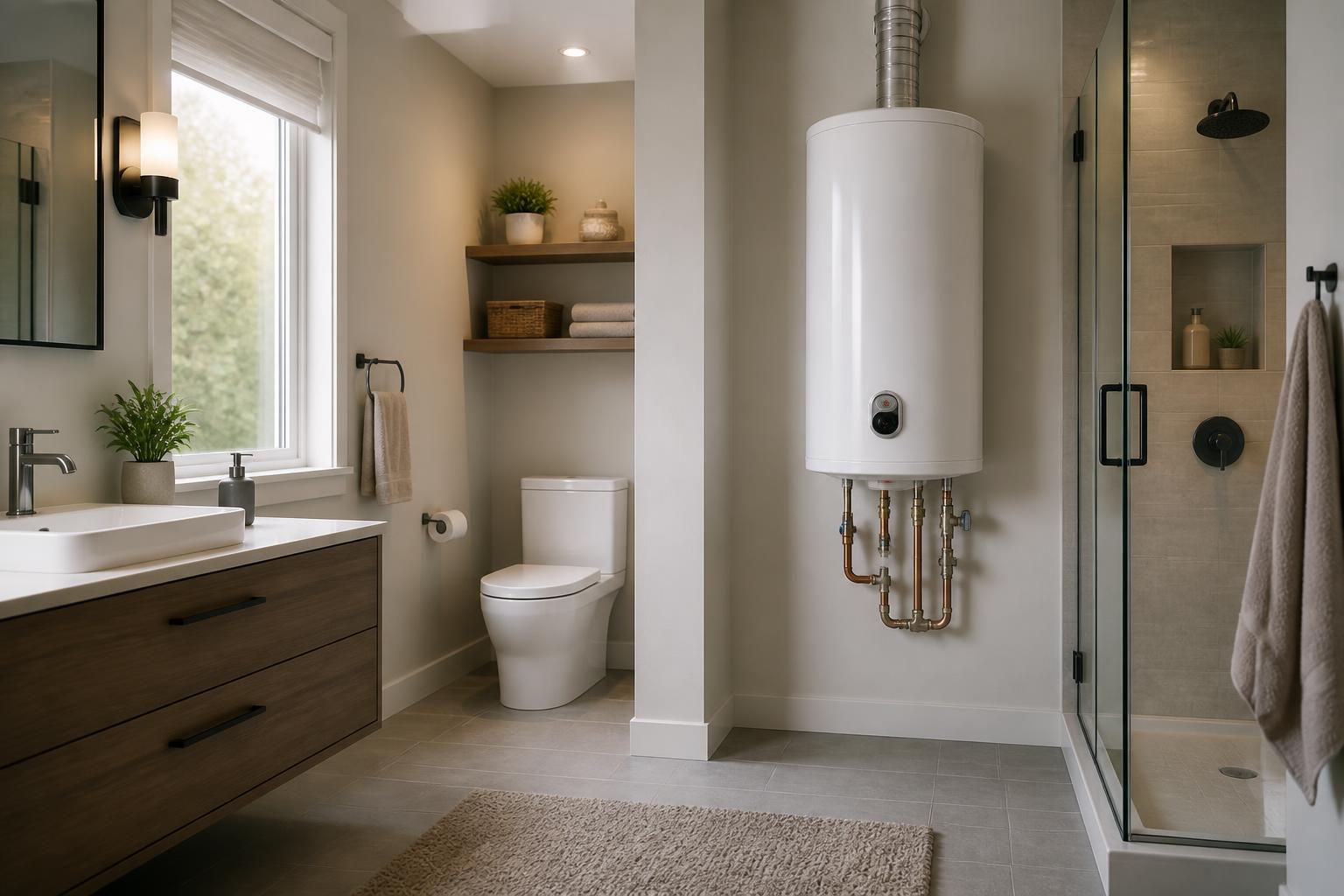 Modern bathroom with a clean water heater installation and polished fixtures.