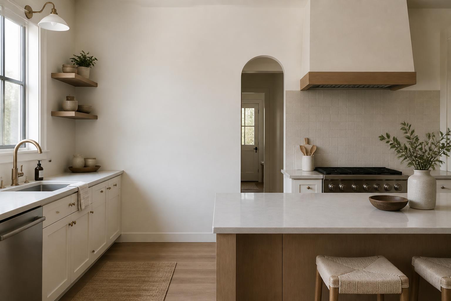 Clean kitchen with polished sink fixtures and open counter space.